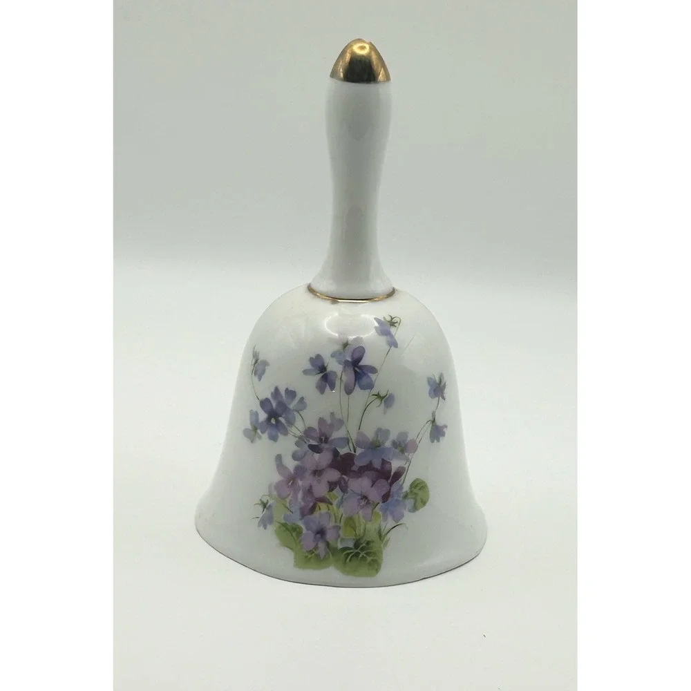 Vintage Porcelain Dinner Bell Purple Violets Floral Gold Trim Ceramic 4.75